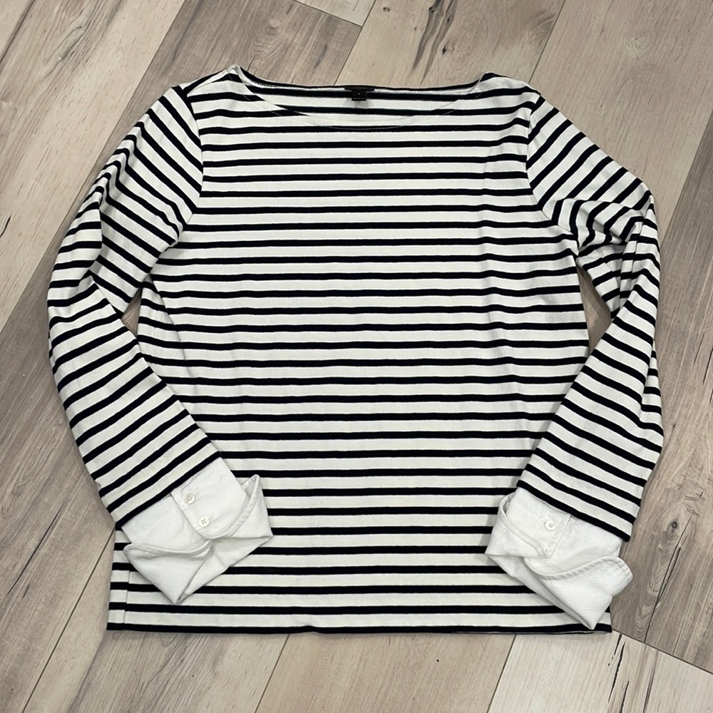 JCrew Black and White Striped Top with cuffs, Size Small